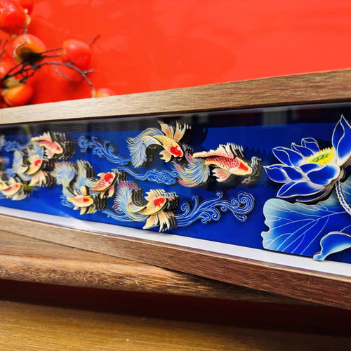 Handmade 3D Paper-Cut Painting of Nine Fish and Lotus