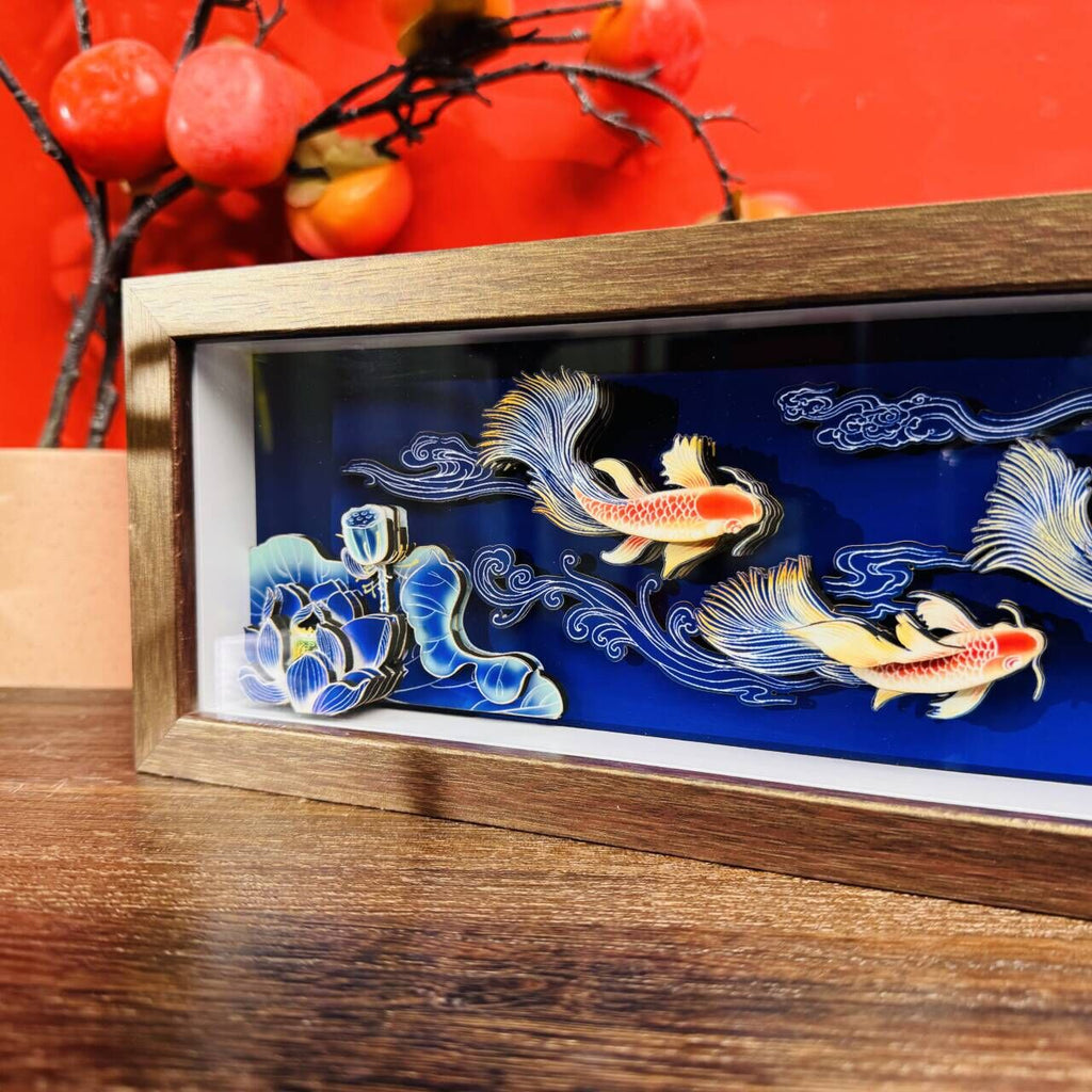 Handmade 3D Paper-Cut Painting of Nine Fish and Lotus