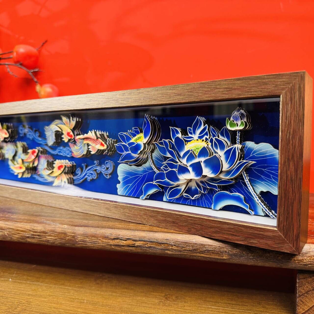 Handmade 3D Paper-Cut Painting of Nine Fish and Lotus
